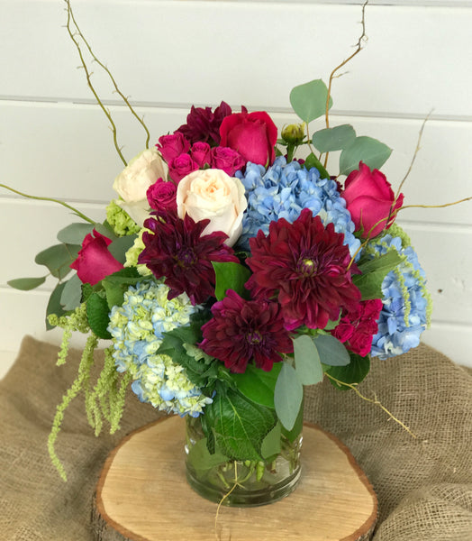 fall collection of dahlias, roses, hydrangea, birch branches, amaranthus, eucalyptus in Burgundy, blue and white